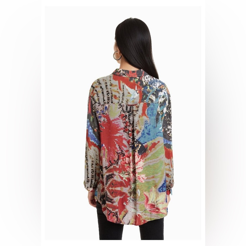 Desigual Overprinted Long Sleeve Button Down High-Low Shirt Blouse M Artsy Boho - Picture 2 of 8